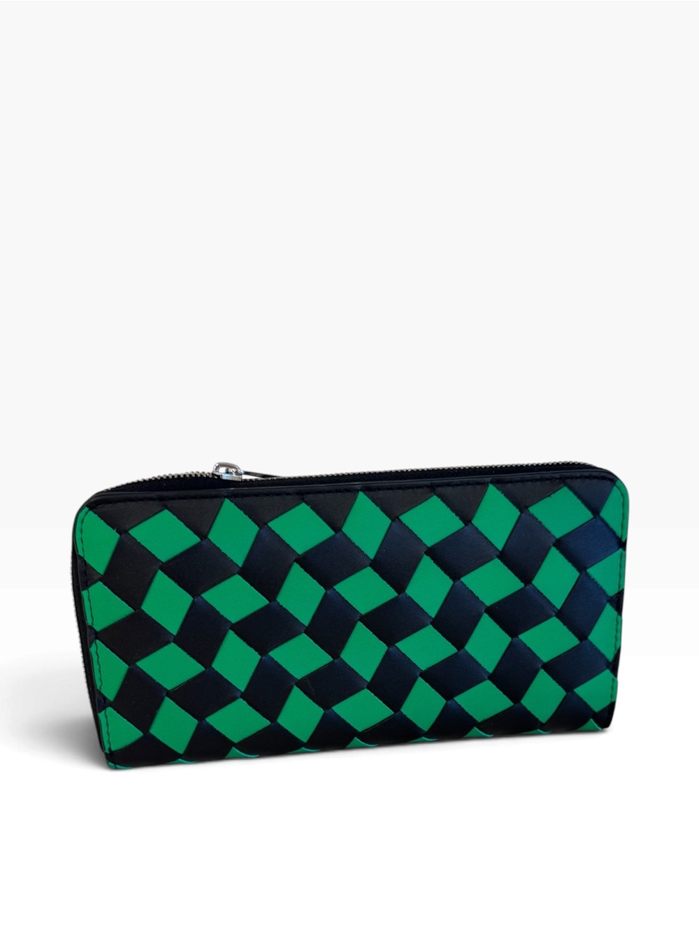 Bottega Veneta Black & Green Woven Leather Zip Wallet